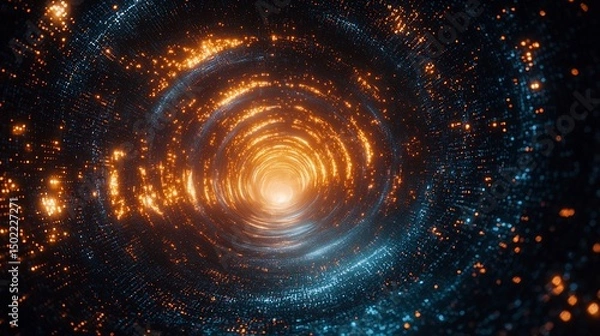 Fototapeta Swirl of Light Travels Across a Textured Horizon As Bloom Smoke Trails Rise Through Coded Stars and Cyber Sky Patterns
