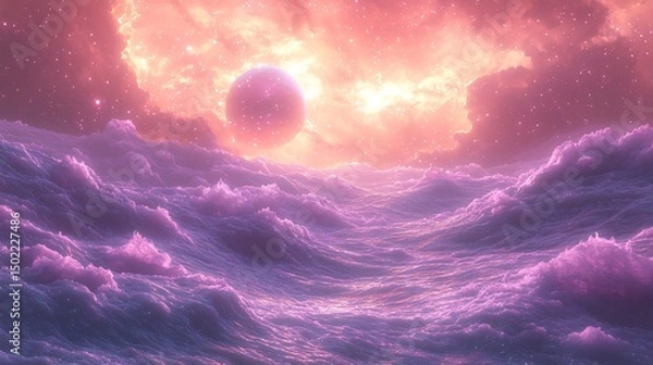 Fototapeta Textured Violet Shadows Drift In a Pink Atmosphere Where Planets Rest Behind Glowing Stars and Ethereal Cloud Bloom