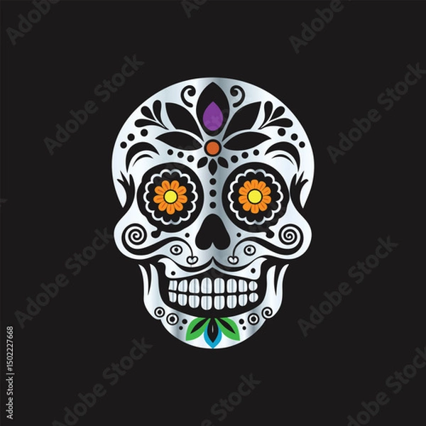 Fototapeta Day of the Dead Sugar Skull. Vector Illustration. Isolated on black background.
Skull with floral ornament. Day of the Dead. Vector illustration.