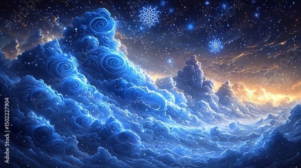 Fototapeta The Sky Becomes a Story As Blue Dust Spirals Into Marble Clouds Around Fractal Star Blooms and Soft Ink Motion
