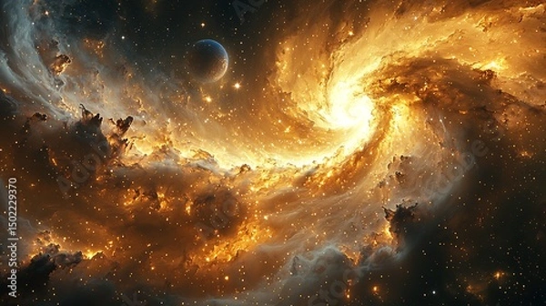 Fototapeta Triumph Visualized In Golden Light Blooming From a Gas Ring As Stars Pulse and Planets Align In Unity