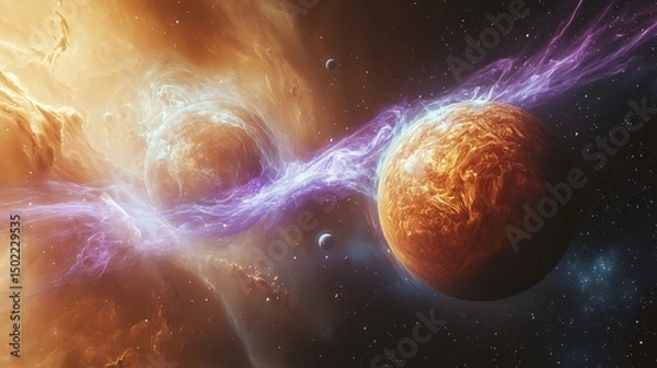 Fototapeta Two Planets Collide In Slow Motion As Smoke Trails and Violet Light Ripple Through Space In a Wave of Energy and Swirl