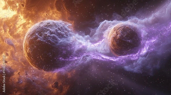 Fototapeta Two Planets Collide In Slow Motion As Smoke Trails and Violet Light Ripple Through Space In a Wave of Energy and Swirl