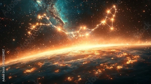 Fototapeta Unity Painted As Stars Linked By Strands of Light Orbiting a Glowing Planet With Gas and Bloom In Perfect Motion