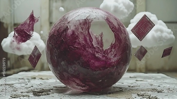 Fototapeta Violet Energy Floats Through a White Cloudscape Above a Marble Sphere As Abstract Shapes Form Drifting Signals