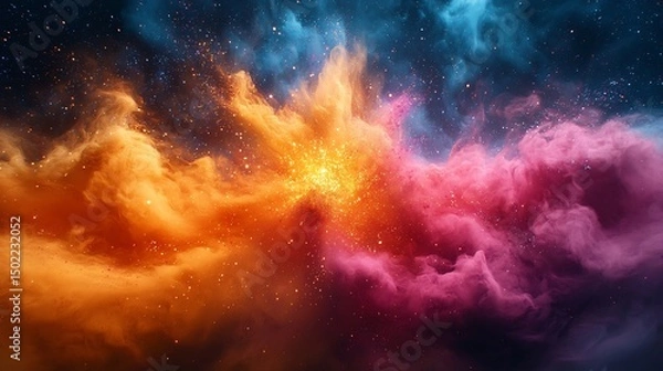 Fototapeta Virtual Coded Supernova Made of Colour Powder and Marble Text In a Swirling Abstract Pattern Where Fantasy Stars Collide