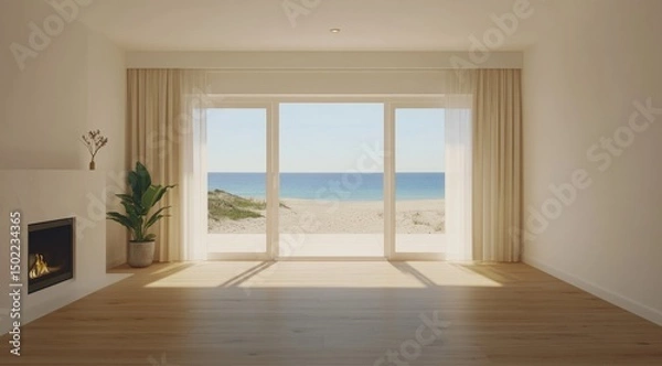 Fototapeta Empty beach house living room, sunlit