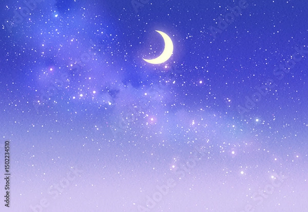 Obraz 三日月と星空　背景イラスト素材　水彩　夜空
