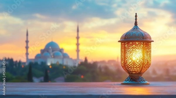 Fototapeta beautiful traditional ramadan a golden arabic lantern glowing at sunset by a tranquil lake with a scenic view of a mosque silhouette and starry sunset sky
