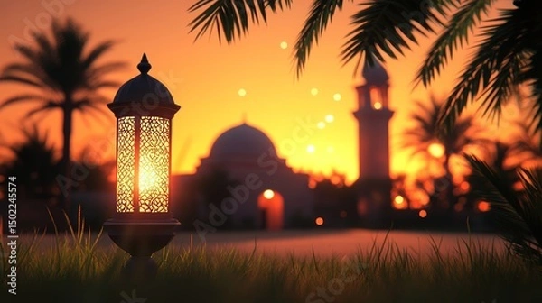 Fototapeta beautiful traditional ramadan a golden arabic lantern glowing at sunset by a tranquil lake with a scenic view of a mosque silhouette and starry sunset sky