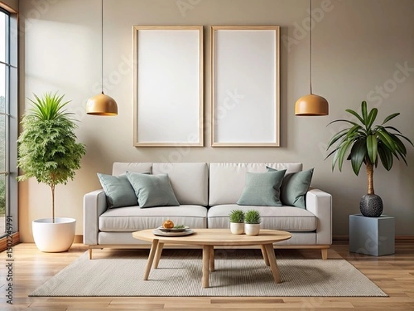 Fototapeta Modern Living Room Interior Design Mockup: Two Blank Canvas Frames, Rule of Thirds Composition