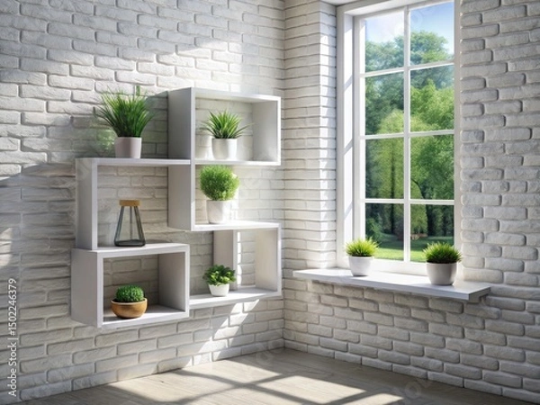 Fototapeta Modern White Cube Shelves White Brick Wall Large Window - Stylish Home Decor & Storage Solutions
