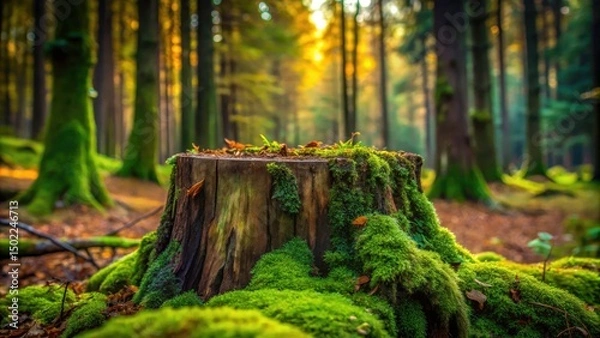 Fototapeta Mossy Forest Stump, Old Rotten Wood, Nature Photography, Woodland Scene, Decaying Tree, Lush Forest Background,  Blurry Forest,  Green Moss,  Forest Floor, Wild Nature Image