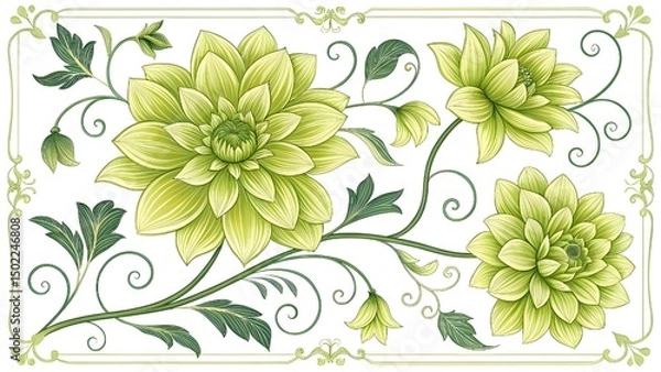 Fototapeta Verdant floral elegance in a decorative frame.Lime green blossoms and swirling foliage create a fresh design.