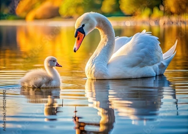 Fototapeta Mute Swan Cygnet Lake Shore Photography - Grey Cygnet and White Swan Wildlife Image