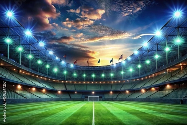 Fototapeta Night Champions Flags 3D Render Background: Epic Stadium Illumination