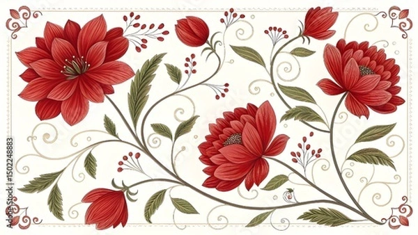 Fototapeta A vibrant display of floral elegance.Red blossoms intertwine in a decorative pattern.