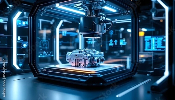 Obraz 3D printer creating a complex mechanical part, showcasing advanced manufacturing.