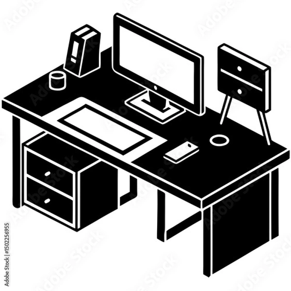 Fototapeta Office desk with computer silhouette vector illustration