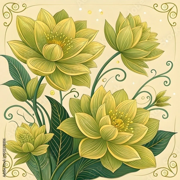 Fototapeta Verdant floral elegance in a decorative frame.Lime green blossoms and swirling foliage create a fresh design.