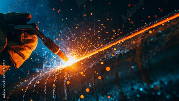 Fototapeta An extreme close-up 8K macro shot of a welding torch igniting underwater