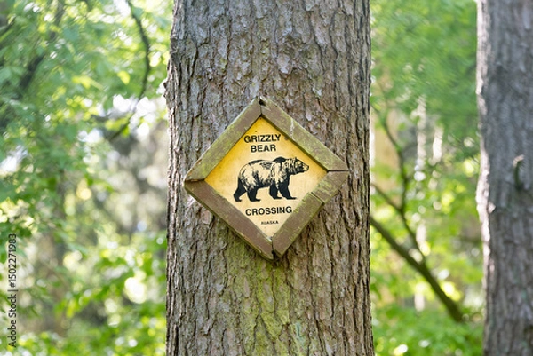 Obraz Grizzly Bear Crossing sign on a tree in a forest. Information signage in North America. Animal wildlife in a natural area like Alaska. Traffic and tourism in the wilderness.