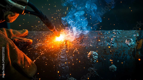 Fototapeta An extreme close-up 8K macro shot of a welding torch igniting underwater