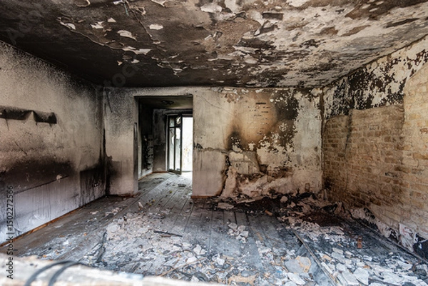 Obraz Burnt apartment in an old building. Destroyed interior of a domestic room due to a fire. Ash and dirt is lying around after being extinguished. This place is now abandoned and empty.