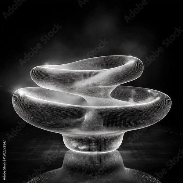 Fototapeta 3D holographic wireframe object spinning in black void,generative ai illustration