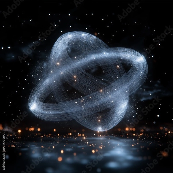 Fototapeta 3D holographic wireframe object spinning in black void,generative ai illustration