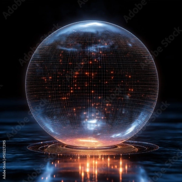 Fototapeta 3D holographic wireframe object spinning in black void,generative ai illustration