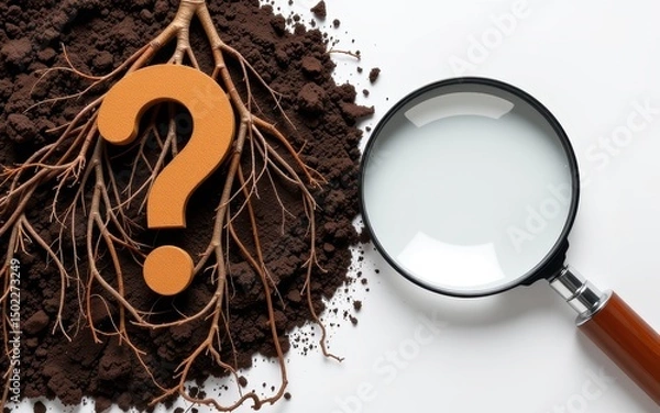 Fototapeta Question mark and root cause analysis concept. Root question mark placed in soil with a magnifying glass exploring the environment.
