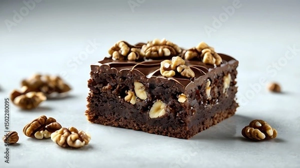 Fototapeta Decadent walnut brownie square with chocolate ganache and scattered nuts