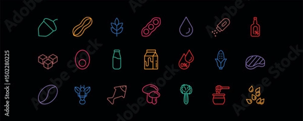 Fototapeta A minimal editable-stroke icon set representing allergen-free food ingredients. Includes symbols for nuts, dairy, gluten, soy, sugar, caffeine, and other common allergens. Perfect for food packaging