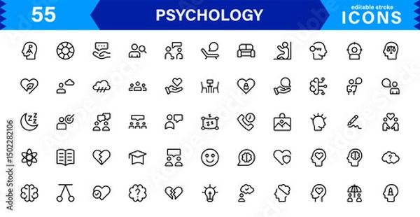 Fototapeta Professional Psychology Icon Set Featuring Mental Health, Therapy, Brain, Emotion, and Cognitive Elements in Clean Minimal Vector Illustration Style