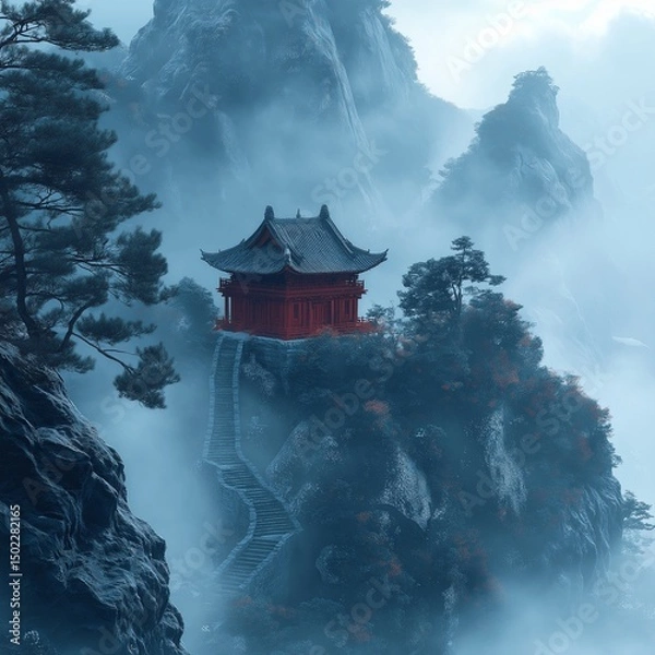 Fototapeta chinese temple in the morning,generative ai illustration