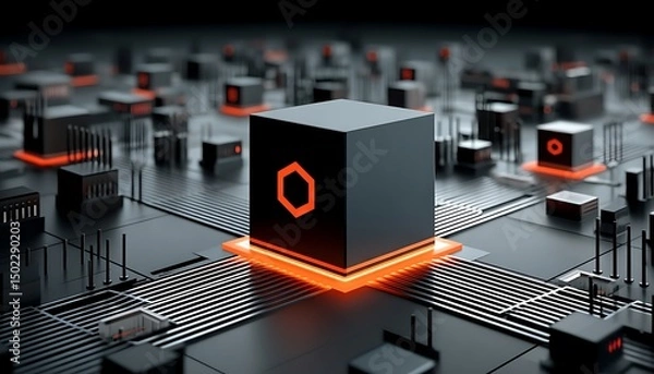 Fototapeta Tech Cube on Circuit Board