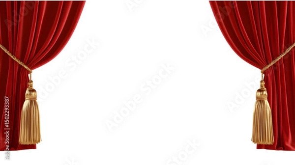 Fototapeta Red fabric theatre curtains on a plain white background. Ai Generated Images