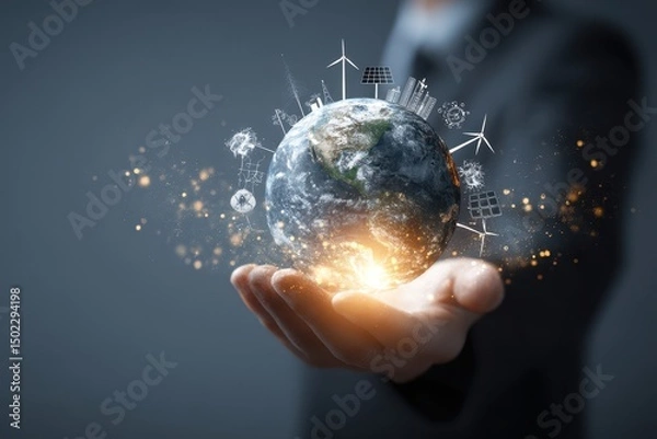 Fototapeta A person's hand gently cradles a glowing Earth, encircled by icons representing renewable energy sources and sustainability, set against a dark-grey backdrop