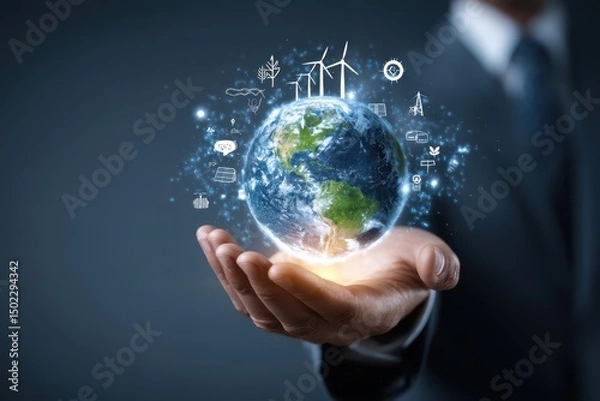 Obraz A businessman's hands gently cradle a glowing digital Earth, encircled by icons representing sustainable energy and global connectivity