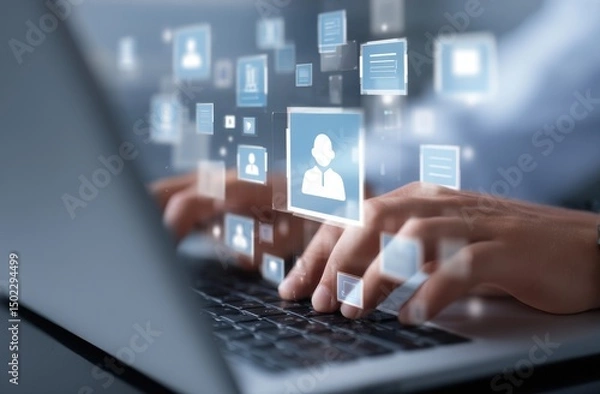 Fototapeta Person's hands typing on laptop, holographic user interface icons float above, depicting digital communication and networking