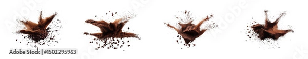 Fototapeta An eliment set of Explosion splash of ground coffee or cocoa powder with freeze isolated on background, pile of splatter of coffee grind dust powder, brown shattered beans,