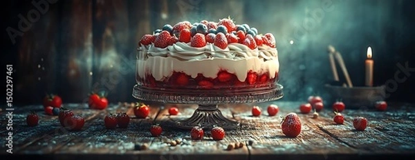 Fototapeta Berry cake rustic table candlelight