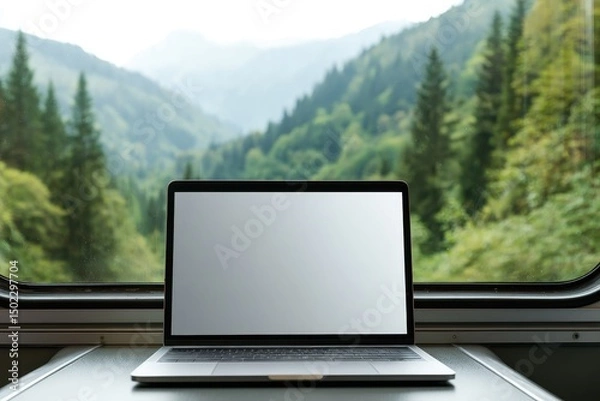 Fototapeta Laptop with blank screen sits on a train table, overlooking a scenic mountain landscape of lush green forests and valleys