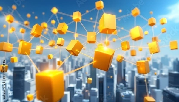 Fototapeta Blockchain network visualized with golden interconnected blocks.