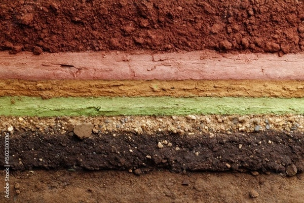 Fototapeta A close-up reveals distinct strata of earth, showcasing varying colors and textures, from deep reds to lighter browns, tan, and green, with a gravelly bottom layer
