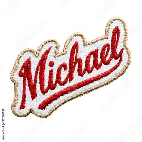 Fototapeta Stylish embroidered name patch, vibrant red script on a fabric background, ideal for personalizing clothing or accessories. Isolated on white background or PNG