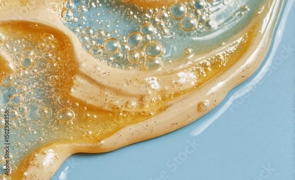 Fototapeta Close-up of a pale-yellow cosmetic cream with amber oil droplets and bubbles on a light-blue background, showcasing its texture and consistency