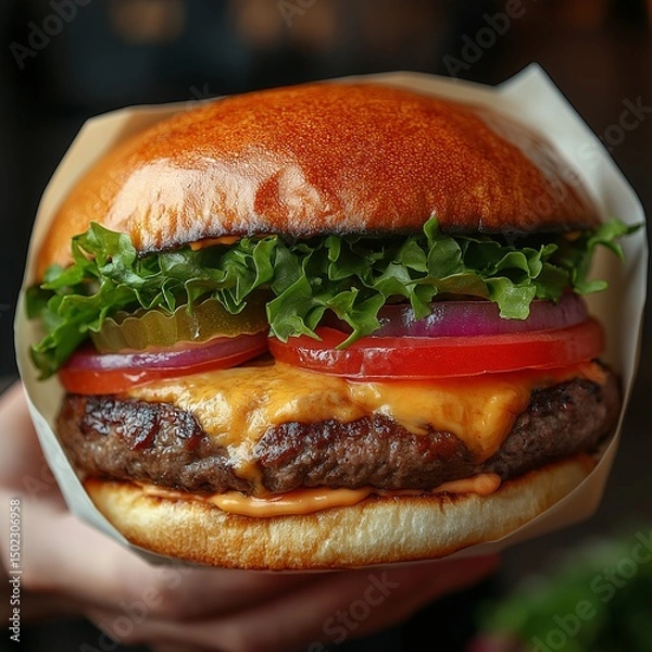 Fototapeta Close-up of hamburger being wrapped in paper,generative ai illustration