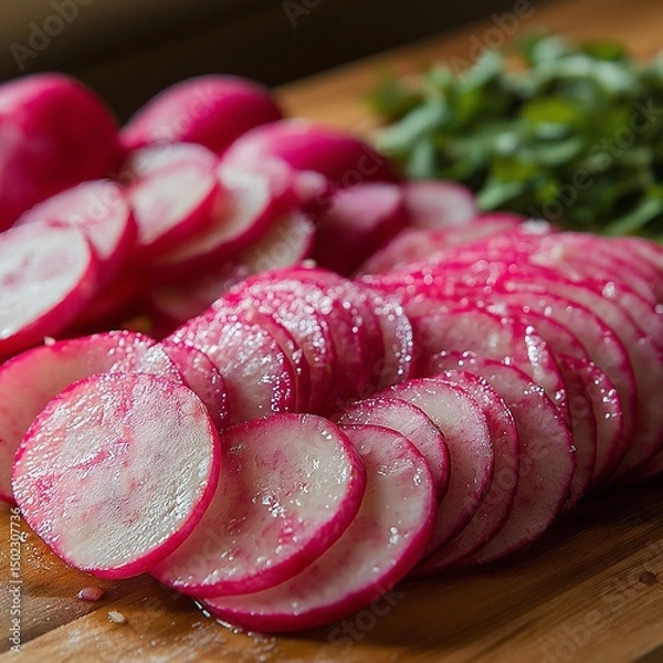 Fototapeta Close-up of slicing radish into thin rounds, vibrant red and white contrast,generative ai illustration